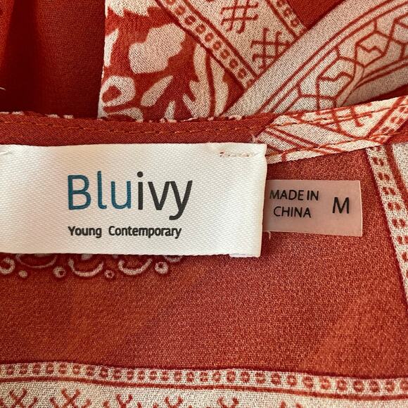 Blu Ivy Duster Kimono MED Rust White Asian Inspired Print Lace Button Waist Boho - Picture 10 of 11